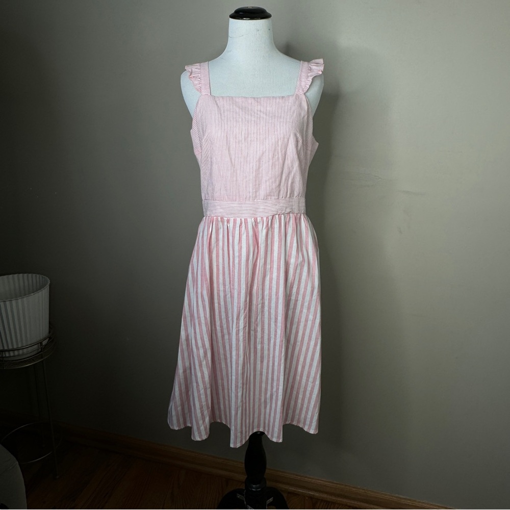 New Pat Pat Medium Dress Pink White Striped Ruffled Shoulders Sleeveless Cotton